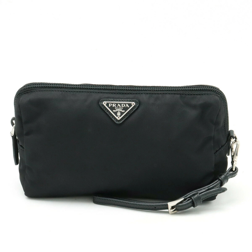 Prada Cosmetic Pouch Clutch Makeup Accessory Case NERO Black Strap